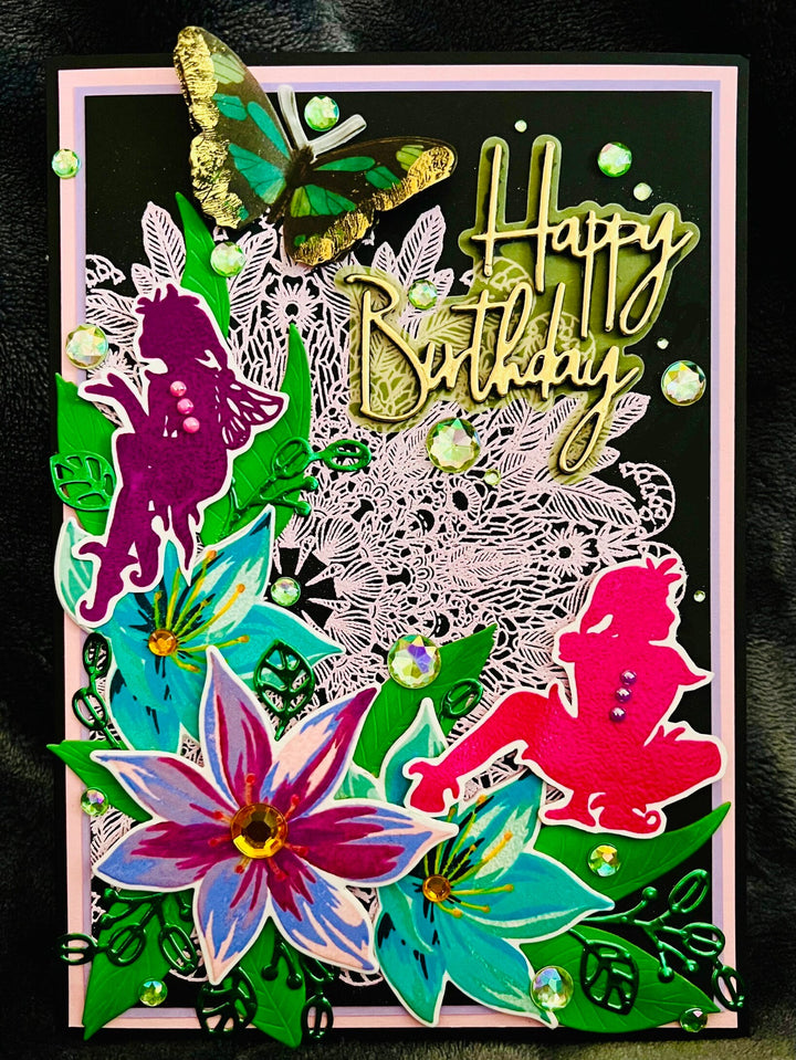 Rainforest Fairy Birthday Card: Gem Accents, Handmade 5x7 Card