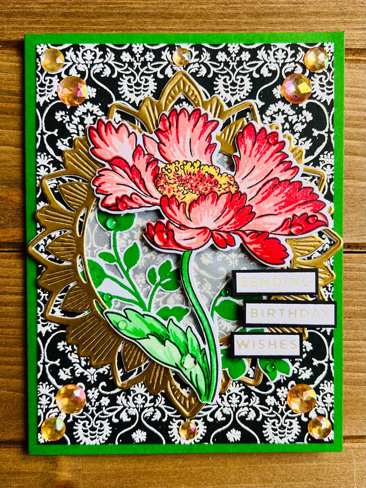 Cosmos Flower Birthday Card: Stamped Floral, Golden Frame