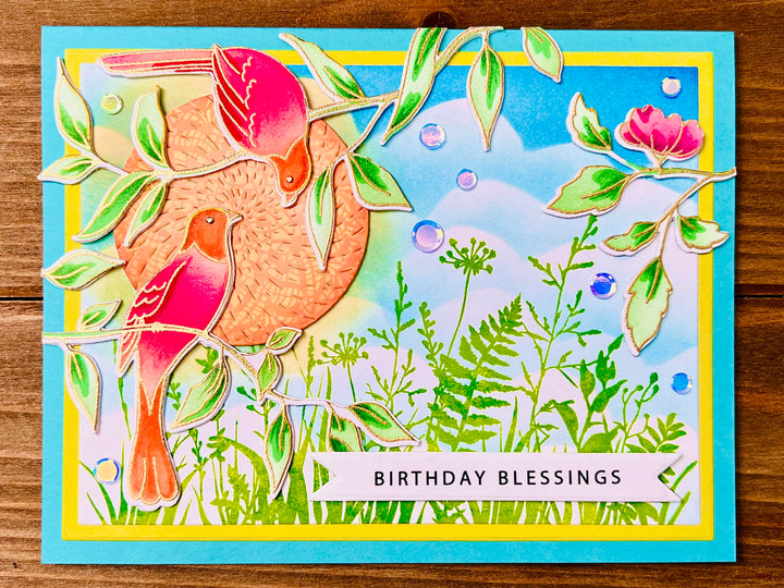 Songbird Birthday Card: Gold Embossed Spring Greenery