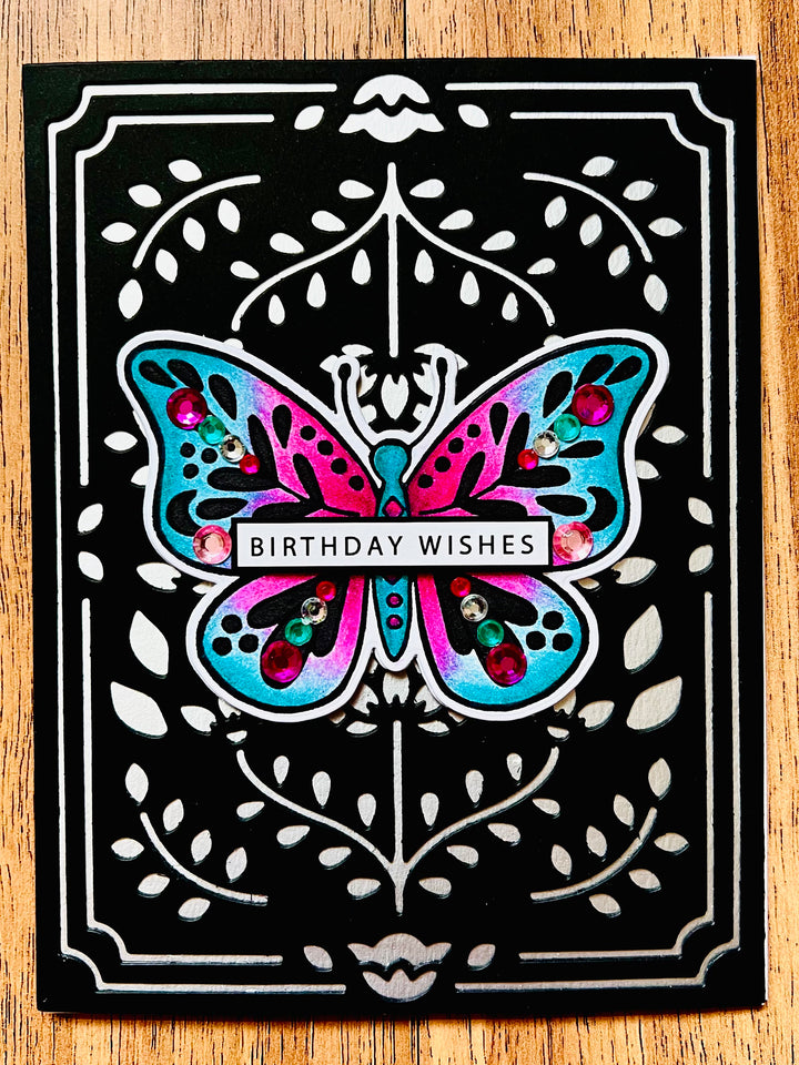 Folk Art Butterfly Birthday Card: Hand-Colored Gem Embellished