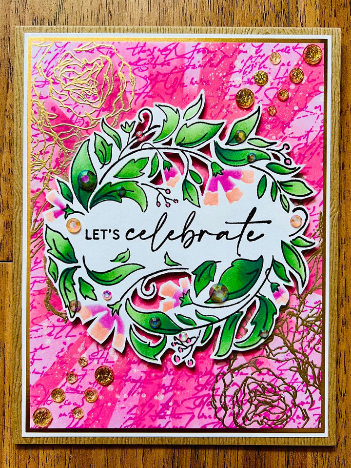 Let’s Celebrate Card with Pink Colorful Wreath Background - A Vibrant Invitation to Joyful Moments