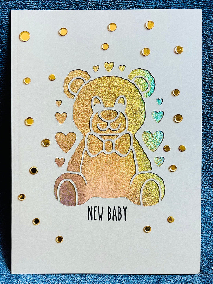 Gold Teddy Bear New Baby Card: Holographic Cutout Keepsake