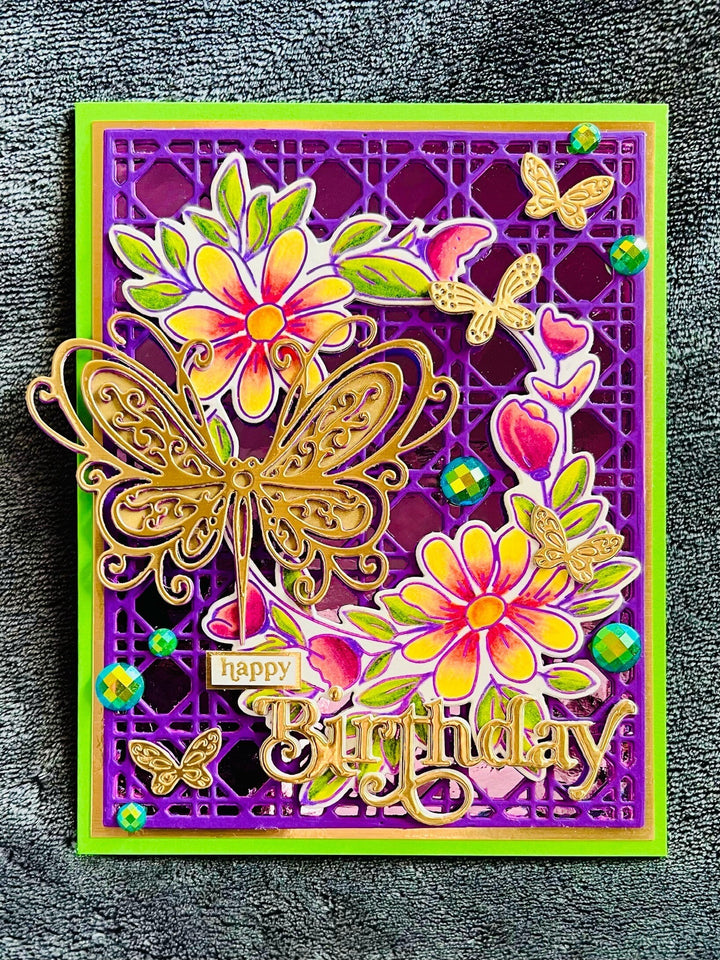 Gold Butterfly Floral Wreath Birthday Card - Green & Purple