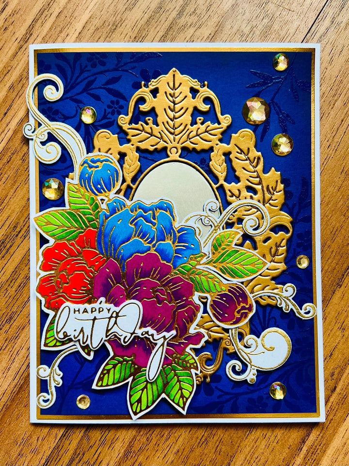 Golden Mirror Birthday Card with Triple Floral Cluster - A Reflective Celebration of Another Year