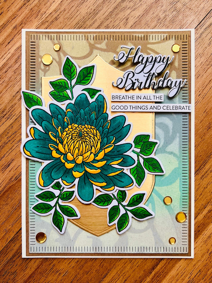 Chrysanthemum Birthday Card: Teal and Yellow Flower, Gold Accents