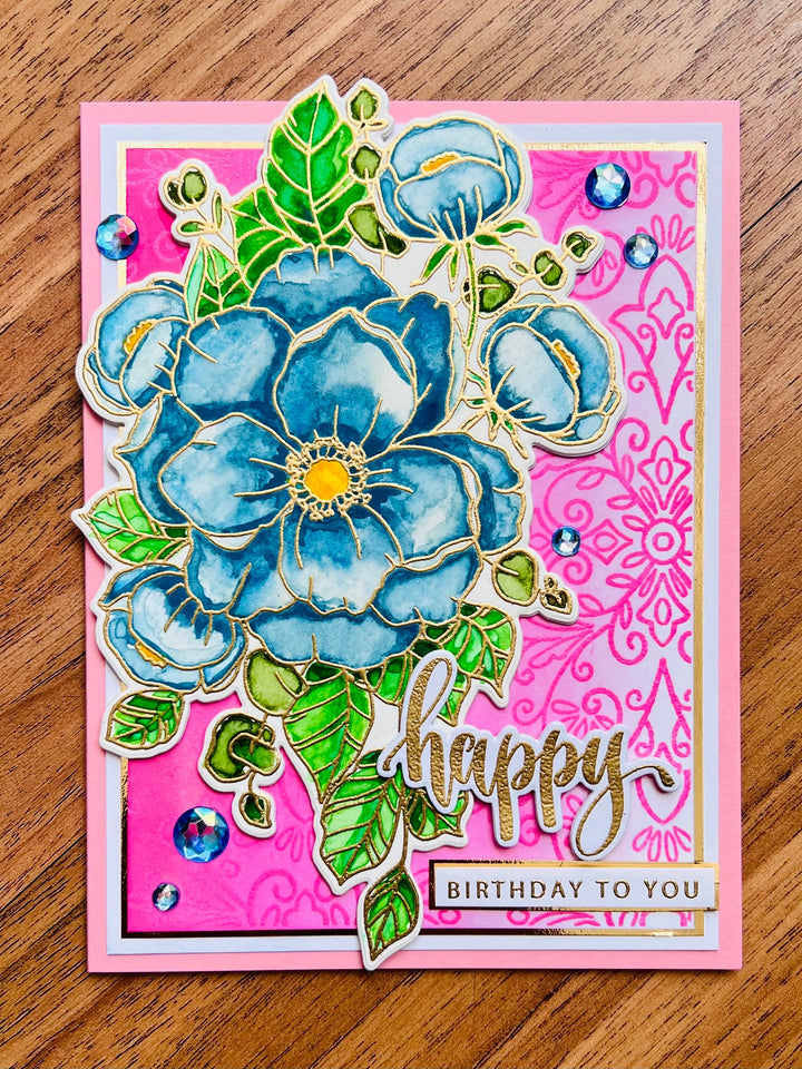Blue Floral Birthday Card: Pink Filigree, Gem Accents