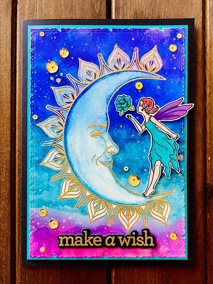 Make a Wish Card with Moon Fairy and Water colored Sky Background for Magical Moments