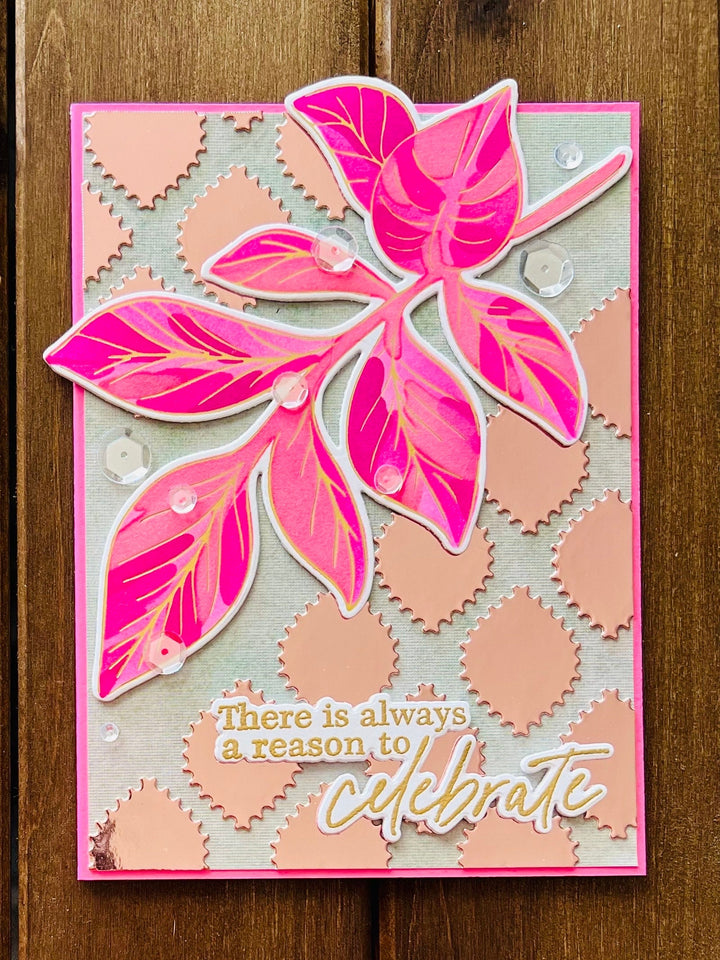 Gold Foiled Celebrate Card: Pink Leaves, Sequin Accents