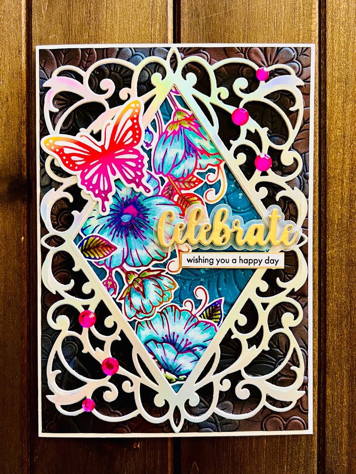 Rainbow Foiled Butterfly Celebrate Card: Floral Outline