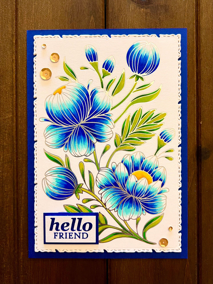 Silver Outlined Blue Floral "Hello Friend" Card