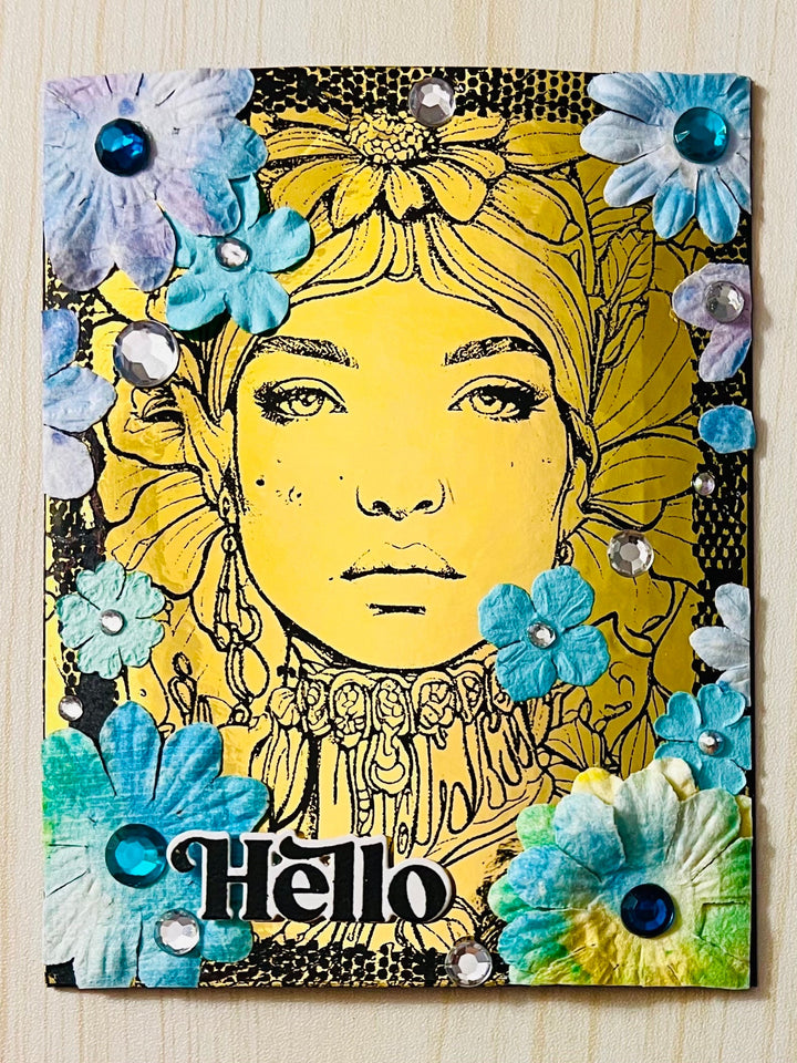 Gold Foiled Lady Hello Card: Floral Headdress, Blue Paper Flowers