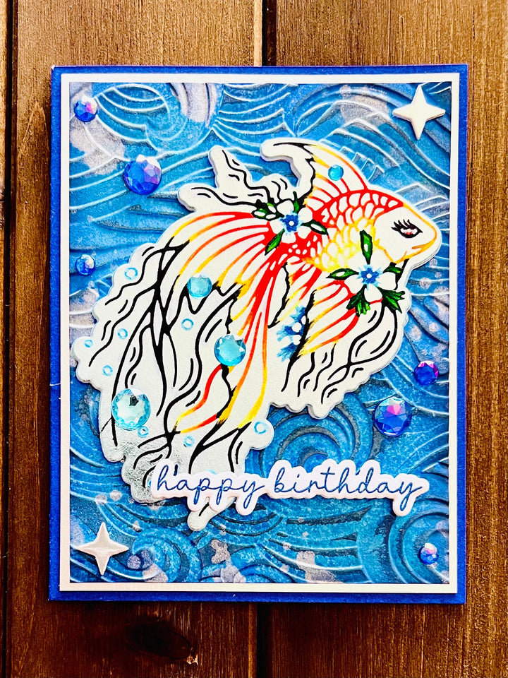 Betta Fish Birthday Card: Embossed Wave, Gem Accents
