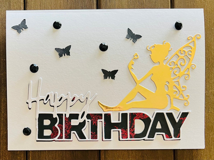 Gold Fairy with Black Butterflies Birthday Card - Enchanting and Elegant Greeting