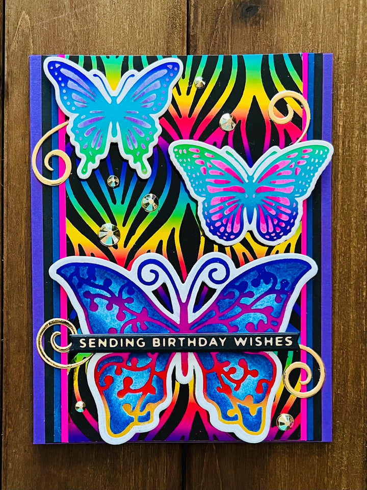 Butterfly Trio Rainbow Background Birthday Card