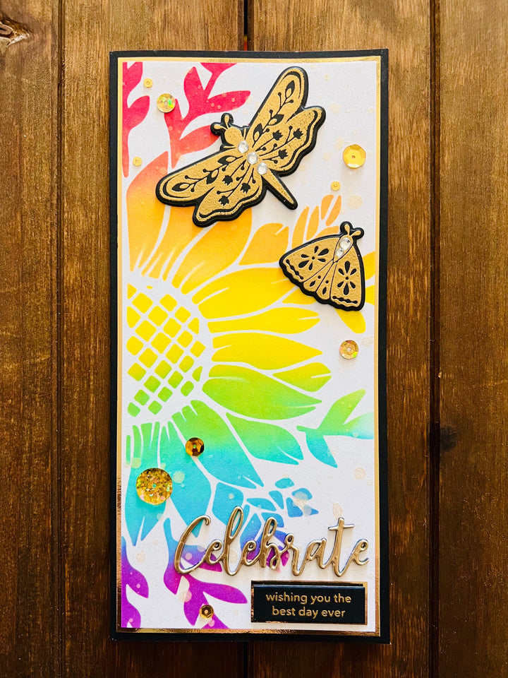 Large Rainbow Flower and Gold Dragonfly and Moth Celebrate Slimline Card