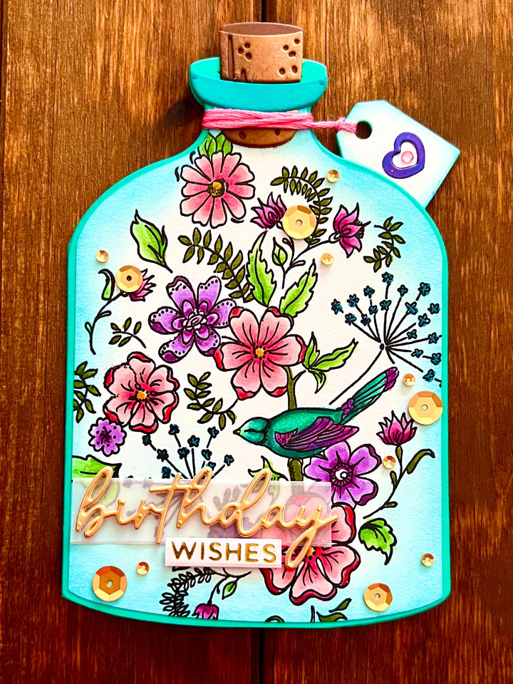 Whimsical Flowers and Bird in a Bottle Birthday Wishes Card