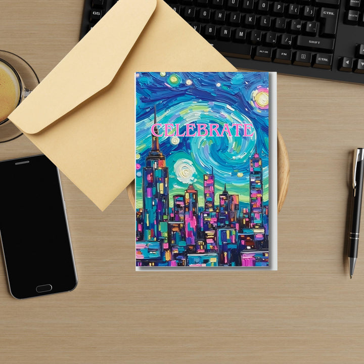 Celebrate Starry Skyline β Night Sky Greeting Card | 4x6 Folded with Envelope | Celestial Cityscape Card