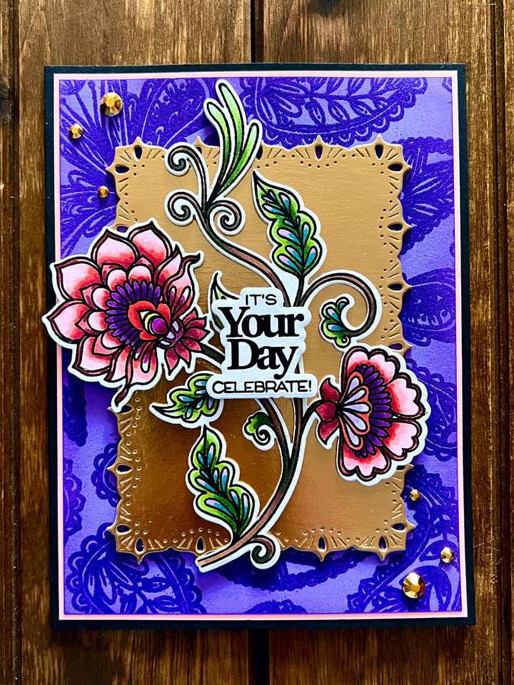 Folk Style Flower Duo Trailing Vine It’s Your Day Celebrate Card