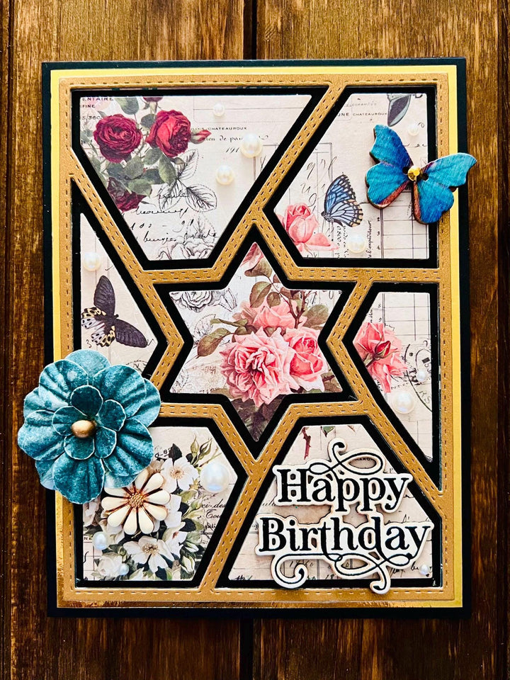 Vintage Florals Print Retiform Style Star Center Happy Birthday Card with Flower and Butterfly