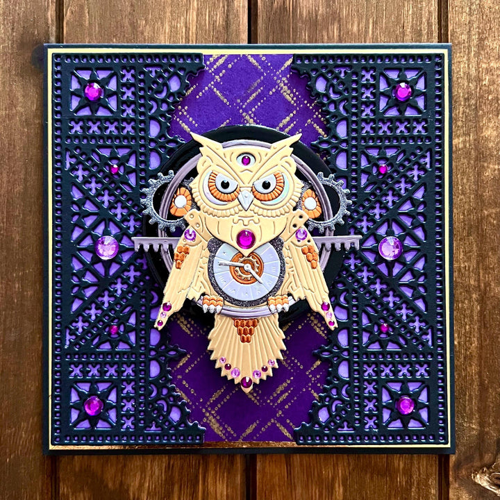 Steampunk Gold Owl Purple Background with Detailed Black Gates Blank Card
