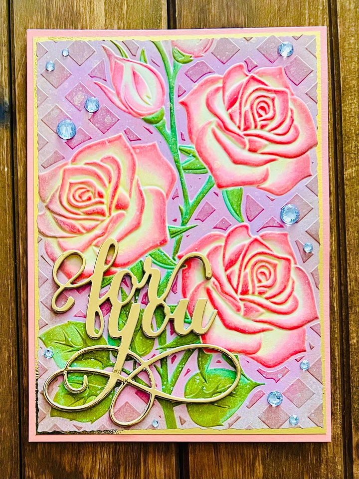 Embossed Two-Toned Pink and Yellow Roses For You Card