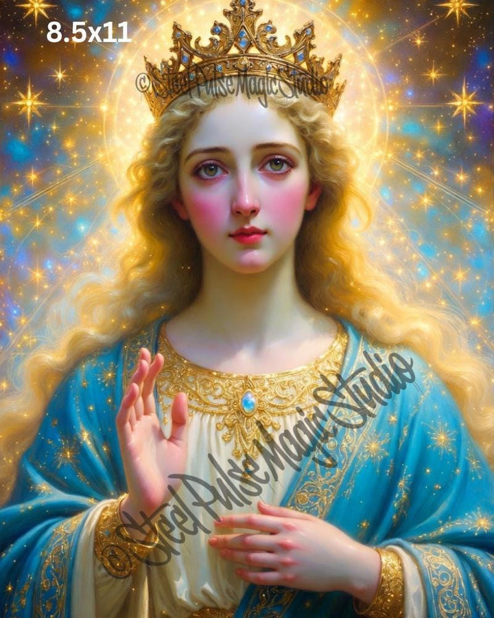 Celestial Queen | Ethereal Goddess Portrait Print | Golden Halo Fantasy Art | Divine Starlight Wall Decor | 2 Sizes