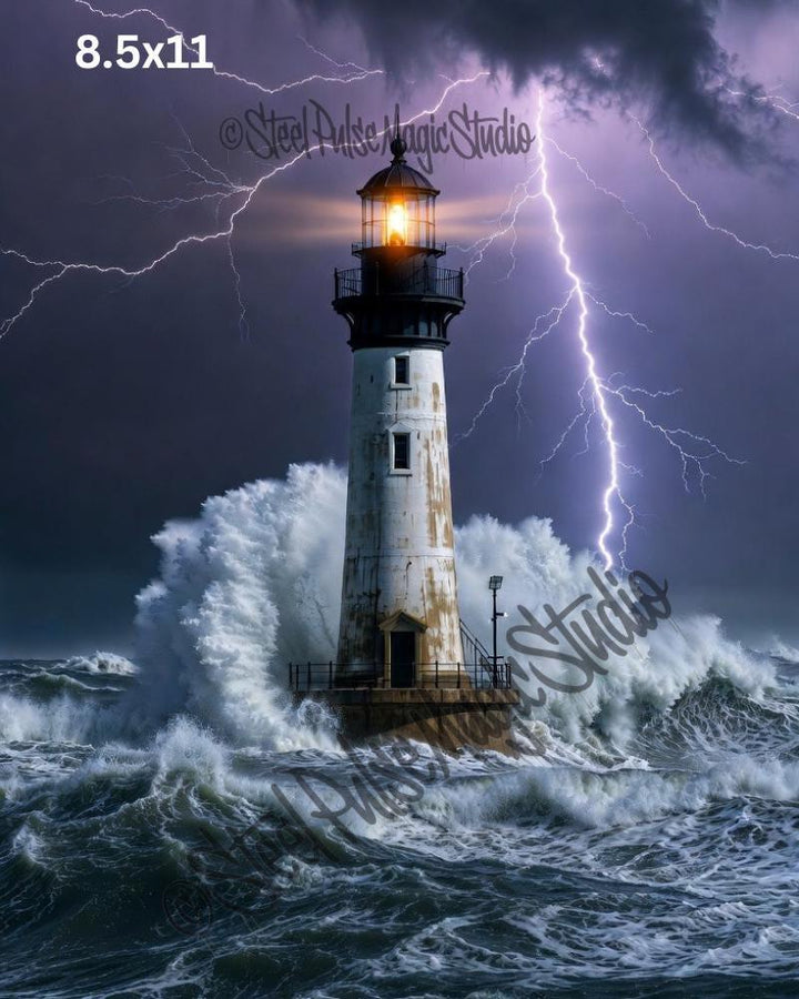 Storm Guardian Lighthouse | Dramatic Fantasy Art Print | Lightning Ocean Wall Art | Moody Watercolor Style | 2 Sizes