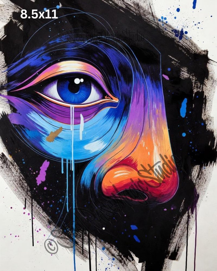 Weeping Cosmic Eye | Psychedelic Surreal Portrait Print | Vibrant Abstract Face Art | Emotional Wall Decor | 2 Sizes