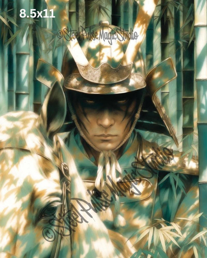 Shadow Samurai in Bamboo | Epic Japanese Warrior Portrait | Fantasy Art Print | Dramatic Forest Wall Art | 2 Sizes