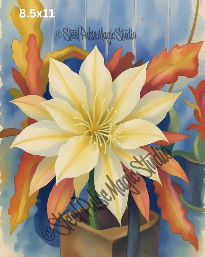 Queen of the Night Bloom | Vibrant Cactus Flower Watercolor | Exotic Floral Fantasy Print | Botanical Wall Art | 2 Sizes