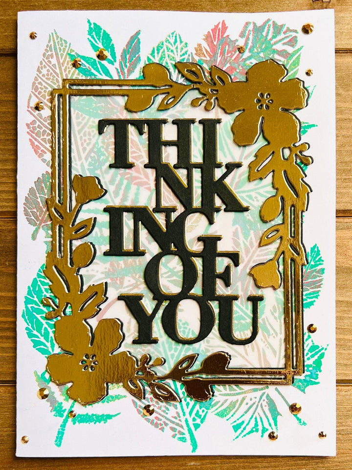 Thinking Of You Card with Leaf Cluster and Gold Flower Frame - A Warm Embrace of Nature and Care