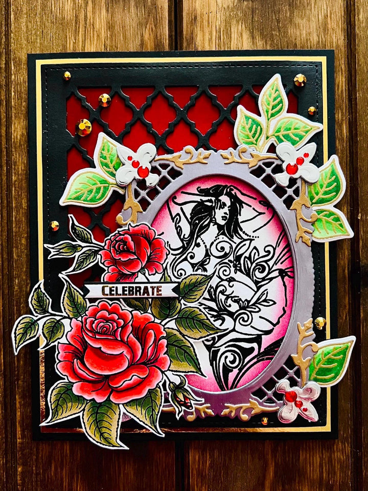 Red Roses and Filigree Outlined Woman in Frame Celebrate Card