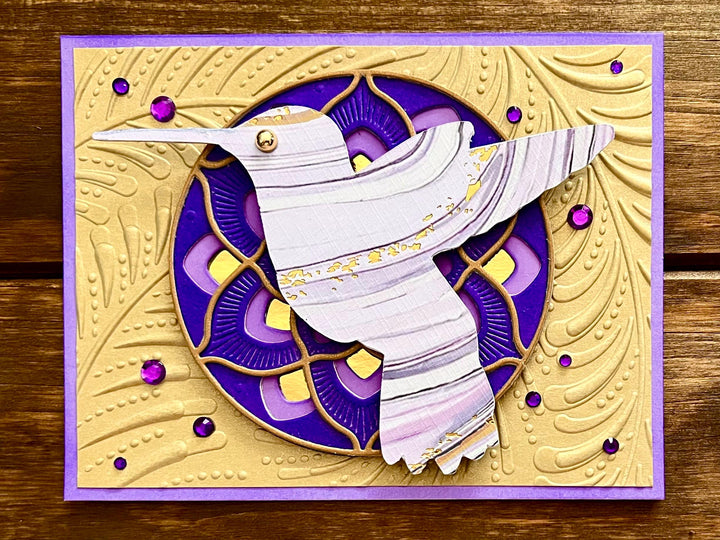 Lavender and Gold Marbled Silhouette Hummingbird Blank Card