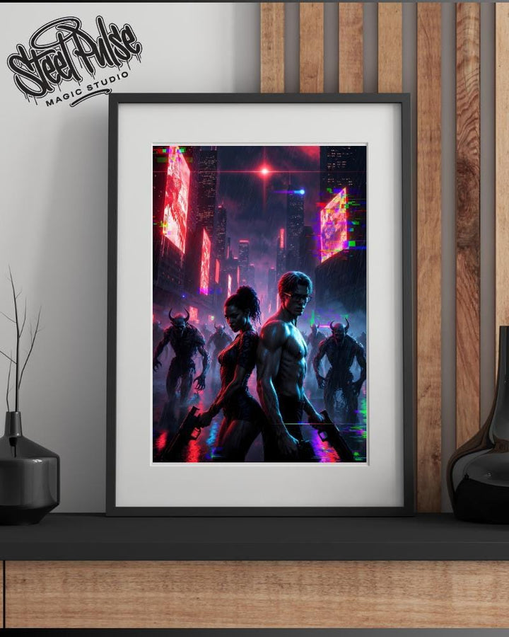 Neon Rain Apocalypse | Cyberpunk Couple with Guns | Demonic City Horde Fantasy Print | 2 Sizes