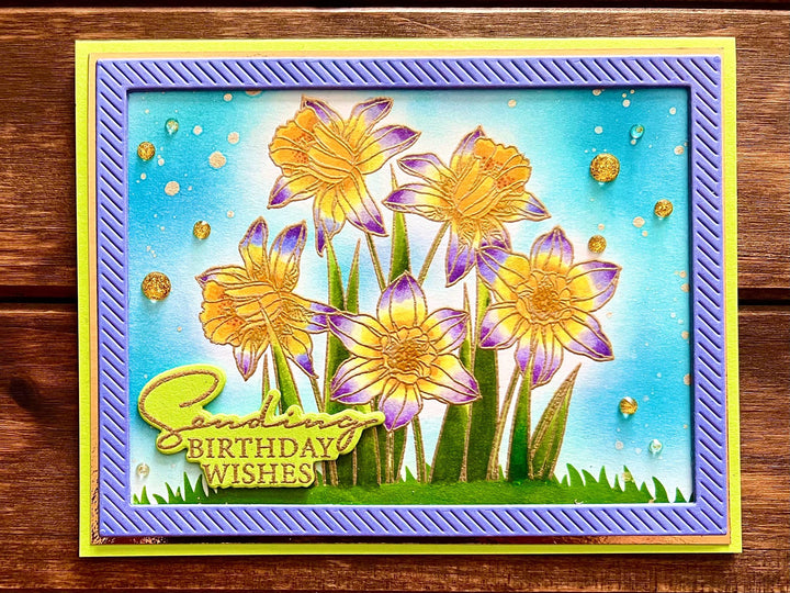 Yellow and Purple Daffodils Sending Birthday Wishes Card
