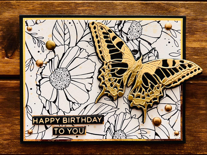 Golden Butterfly and Line Art Florals Birthday Card