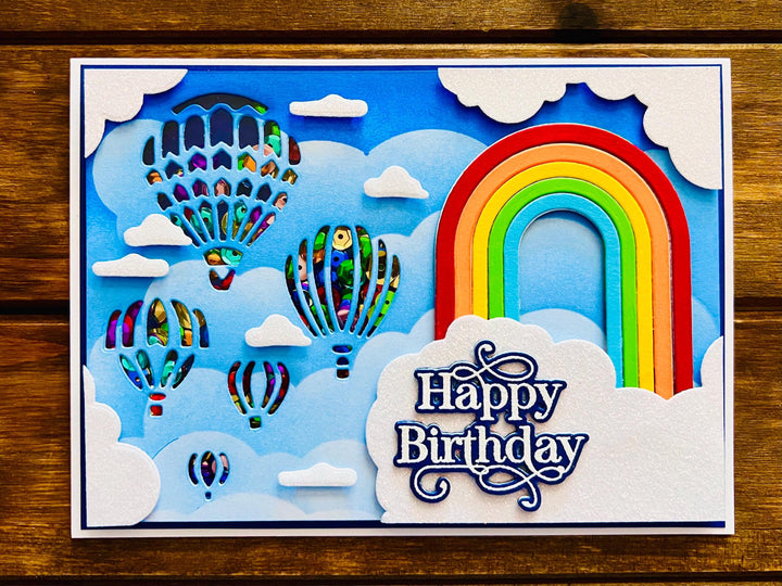 Rainbow and Glitter Clouds Hot Air Balloon Windows Happy Birthday Shaker Card