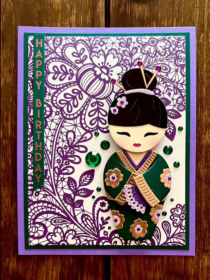 Green Kimono Doll Purple Floral Lace Background Birthday Card