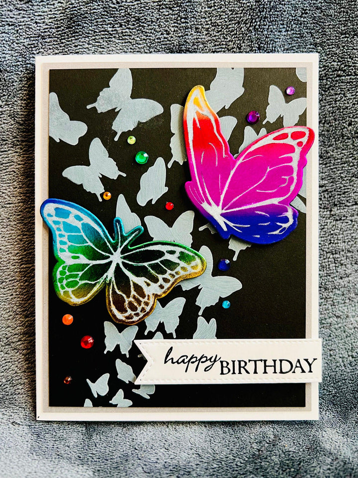 Vibrant Rainbow Foiled Butterflies and Silhouette Cluster Birthday Card – Perfect for Celebrations
