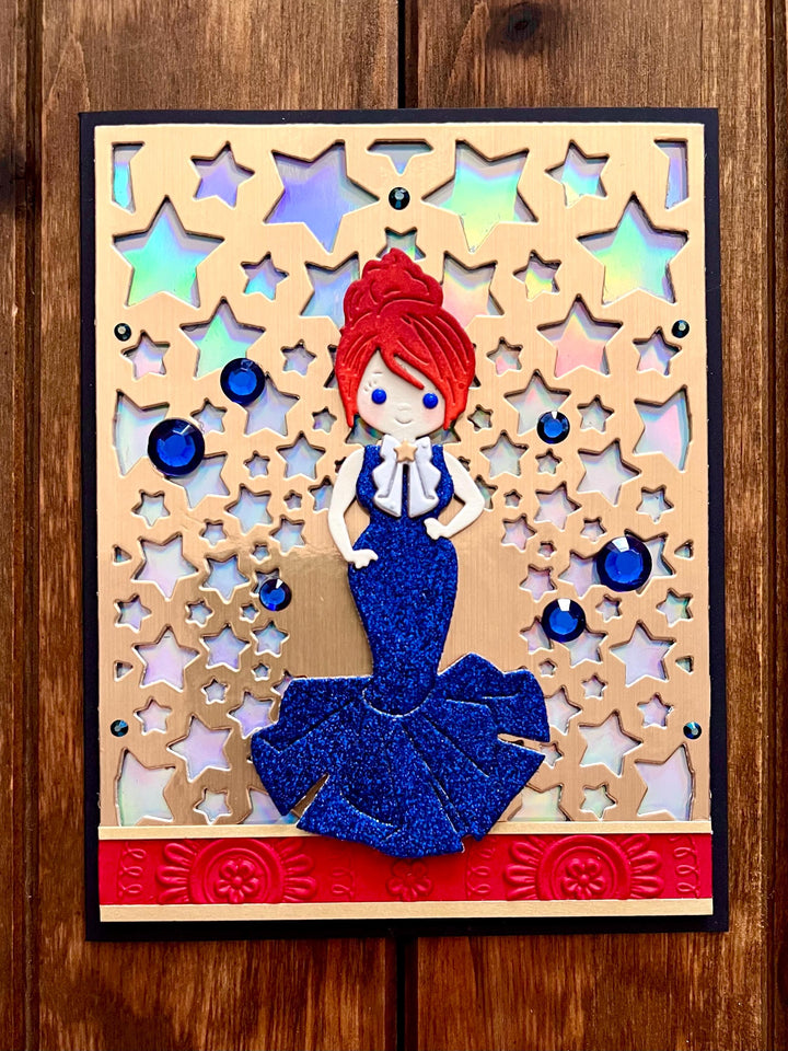 Blue Glitter Evening Gown Girl on Gold Star Cutout Background Blank Card