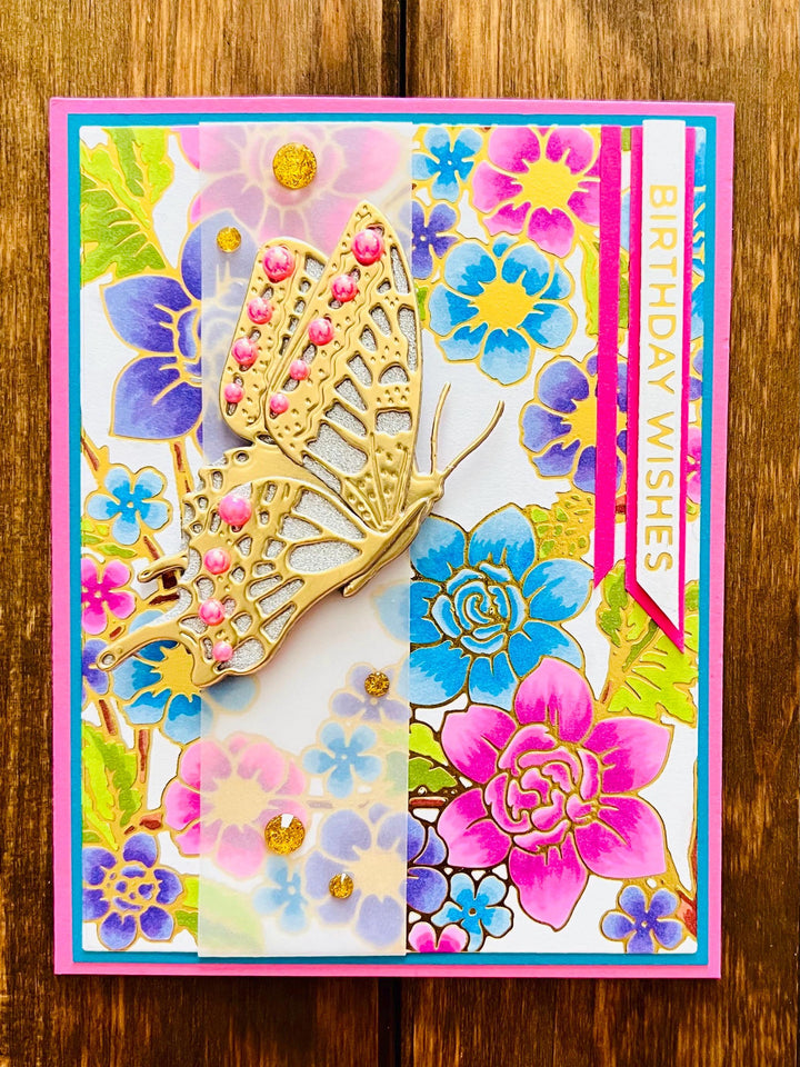 Gold Butterfly and Foiled Florals Birthday Wishes Card