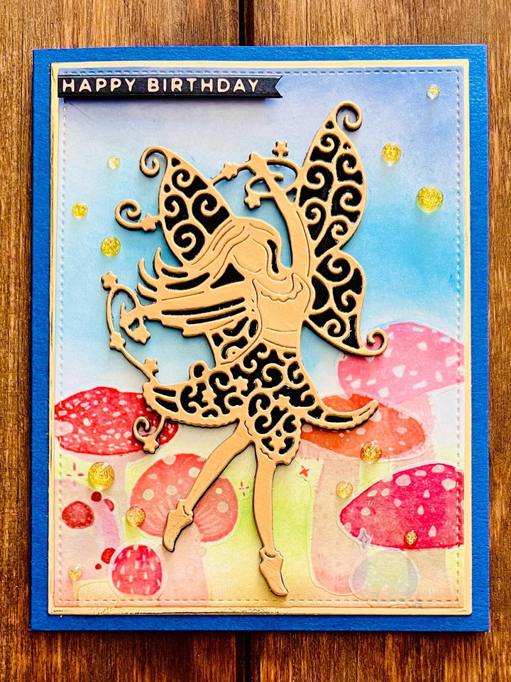 Gold Silhouette Fairy Mushroom Scene Birthday Card