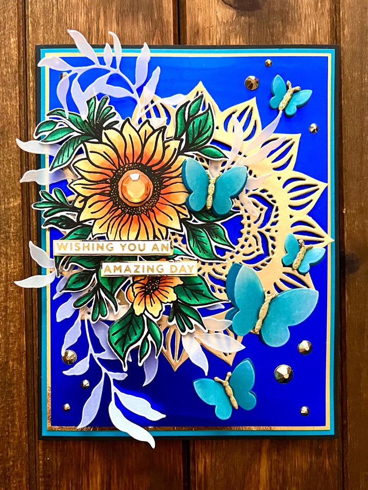 Yellow Sunflower and Dimensional Teal Butterflies Wishing You an Amazing Day Card