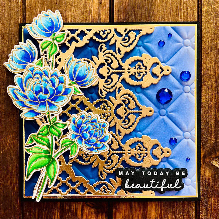 Blue Dahlia Bouquet and Gold Filigree Lace - May Today Be Beautiful / Happiest of Birthdays Card