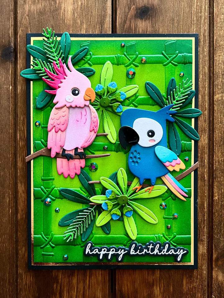Pink Cockatoo with Blue Parrot and Bamboo Background Happy Birthday Card