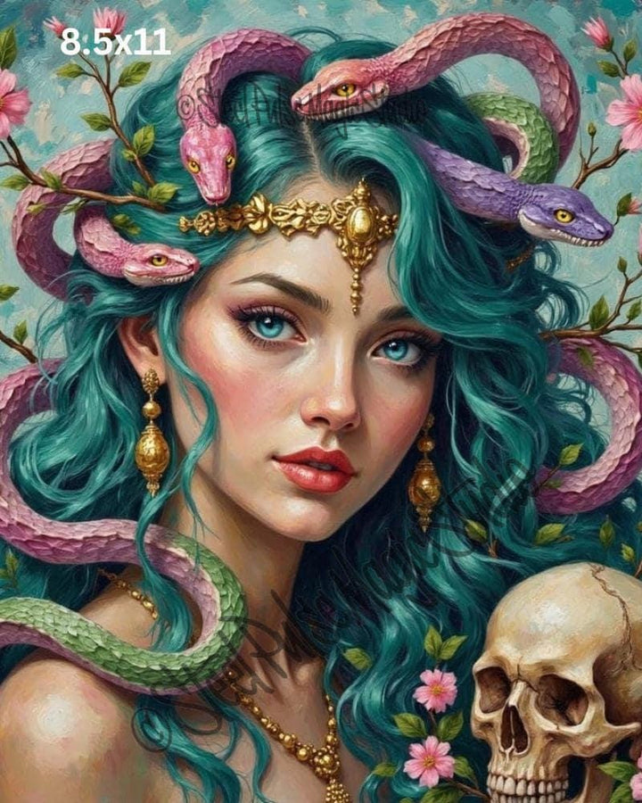 Serpent Goddess | Vibrant Medusa Portrait Print | Fantasy Snake Hair Art | Floral Skull Wall Decor | 2 Sizes