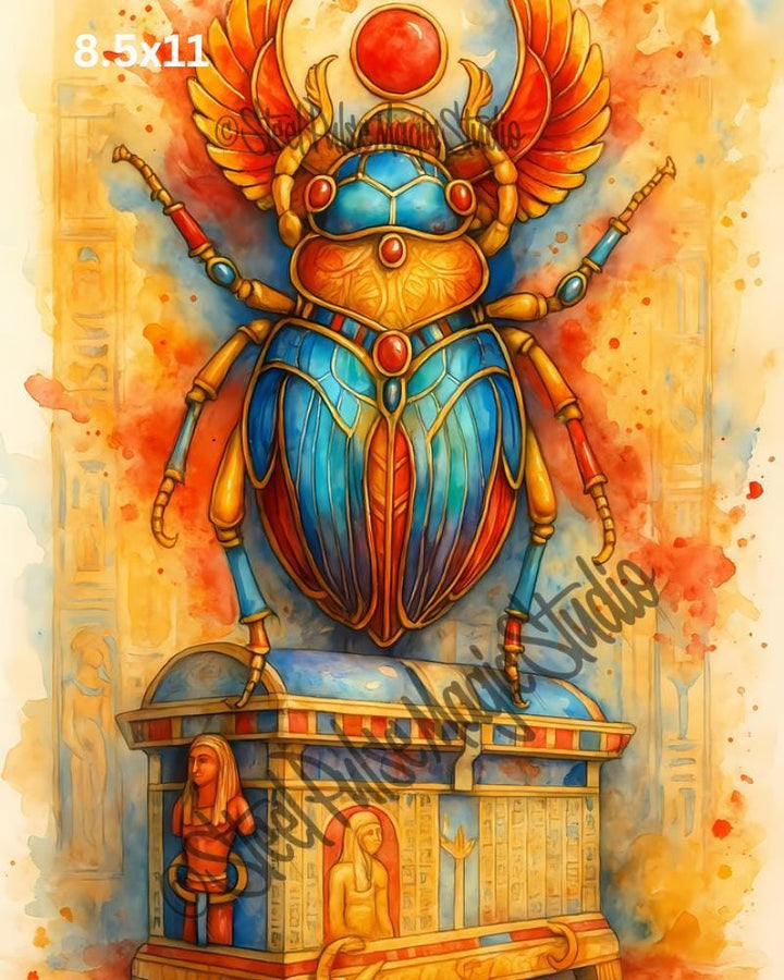 Winged Solar Scarab | Fiery Khepri Egyptian Beetle | Vibrant Mythic Scarab Print | Ancient Temple Fantasy Art | 2 Sizes