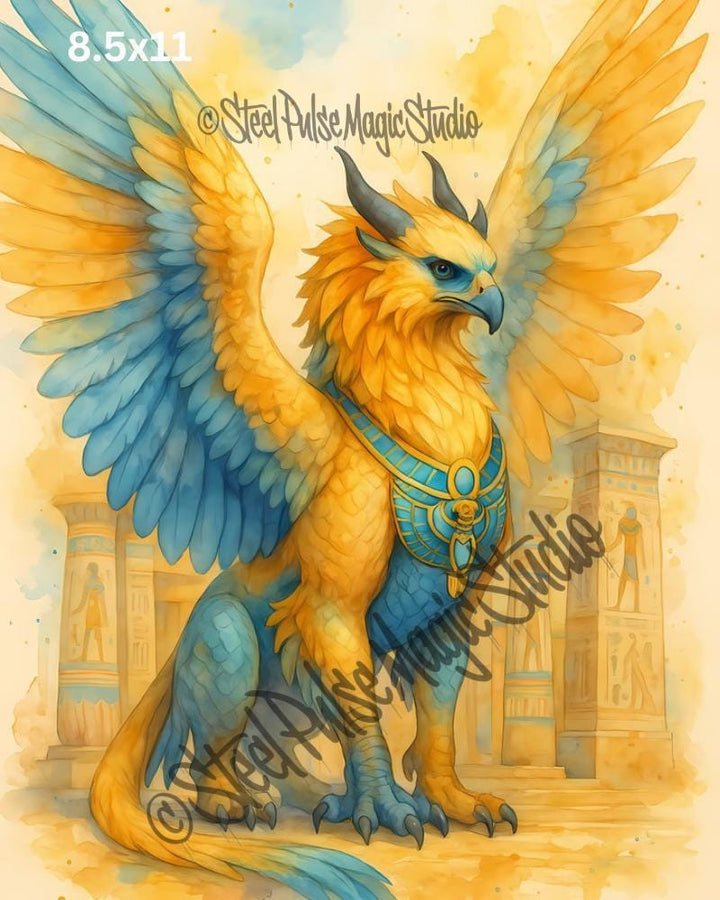 Golden Griffin of Ra | Majestic Egyptian Winged Lion-Eagle | Mythic Fantasy Creature Print | Ancient Temple Wall Art | 2 Sizes