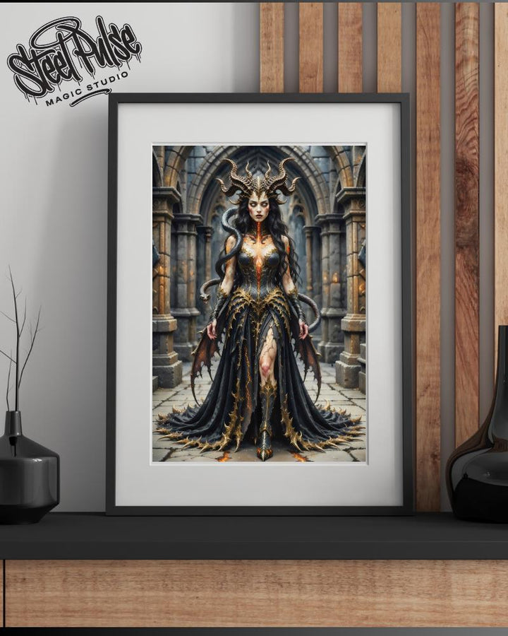 Dark Horned Serpent Queen | Demonic Gothic Fantasy Woman | Cracked Lava Armor Print | Epic Dark Fantasy Wall Art | 2 Sizes