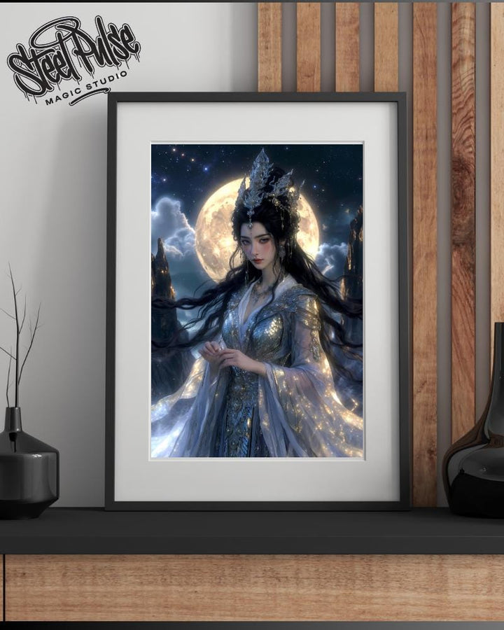 Lunar Silver Sovereign | Ethereal Moon Goddess Portrait | Celestial Fantasy Queen Print | Starry Night Wall Art | 2 Sizes